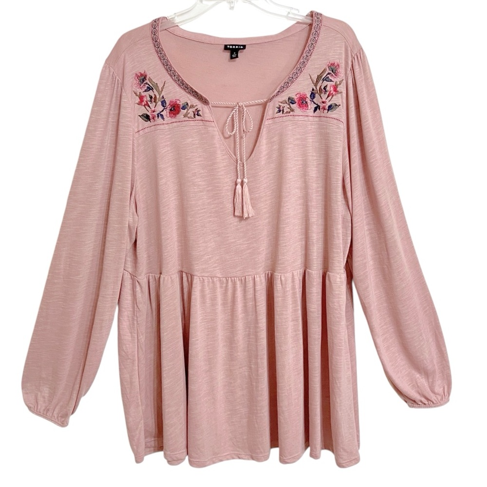 Torrid Boho Floral Embroidered Peasant Top Womens 3X Pink Feminine Stretch